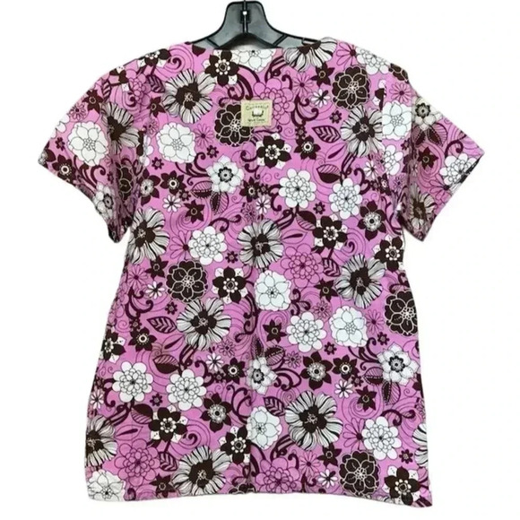 Cottonality Women's Floral Scrub Top Pink/Brown V-Neck Short Sleeve Workwear - Picture 2 of 3